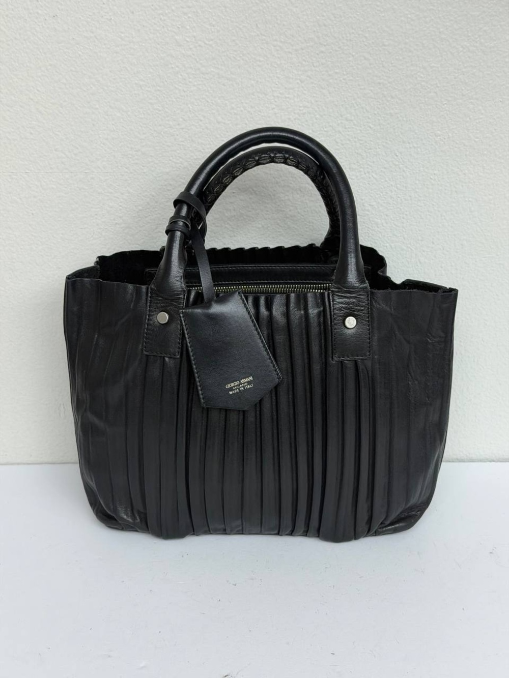 Giorgio Armani Black Pleated Leather Tote Bag Made in Italy